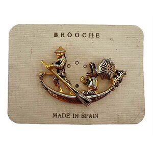 Vtg Made In Spain Asian Gondola Brooch Pin Gold & Silver Tone Costume Jewelry